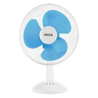 Ventilador Jocca de sobremesa de 12', con sistema de oscilación, cabezal reclinable, 3 velocidades, 30 cm de diámetro, 40W de potencia y disponible en blanco junto a dos colores azules y un elegante