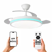 NARVI Ventilador de techo color blanco, con RGB, 3 Palas Retráctiles ,Motor DC 30W , Luz LED Regulable en intensidad y Color de luz. Con Memoria, Mando y APP Móvil.  Ref. SEÚL 8935 WH