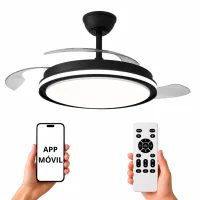 NARVI Ventilador de techo color Negro, con RGB, 3 Palas Retráctiles ,Motor DC 30W , Luz LED Regulable en intensidad y Color de luz. Con Memoria, Mando y APP Móvil.  Ref. SEÚL 8935 BK