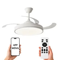 NARVI Ventilador de techo color blanco,  3 Palas retráctiles transparentes, Motor DC, Luz LED 45W x2 , Regulable en Intensidad y Color, con Memoria y Mando a distancia. REF. EDIMBURGO 1854 WH