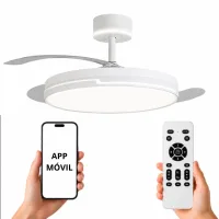 NARVI Ventilador de techo Blanco, con precioso CABEZAL ILUMINADO, 3 Palas retráctiles, Motor DC 30W,  Luz LED 45W x2 Regulable en intensidad y Color.  Con Memoria y Mando a distancia.  Ref. BRASIL