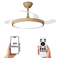 NARVI Ventilador de techo color Blanco combinado con color madera Haya, 3 Palas Retráctiles ,Motor DC 30W , Luz LED 45W , Luz LED Regulable en intensidad y Color de luz.  Con Memoria, Mando y APP