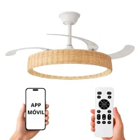 NARVI Ventilador de techo color blanco+Madera Haya, 3 Palas Retráctiles ,Motor DC 30W , Luz LED  45W Regulable en intensidad y Color de luz. Con Memoria, Mando y APP Móvil.  REF NERJA 7939 WDNL