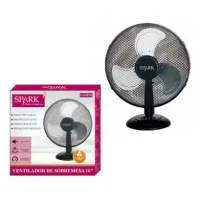 SPARK- VENTILADOR DE SOBRE MESA DE 16". POTENCIA: 40W. VOLTAJE: 220V- 50HZ. 3 ASPAS GIRATORIAS CON REJILLA. AJUSTE DE 3 VELOCIDADES. AMPLIA OSCILACIÓN. RUIDO BAJO.