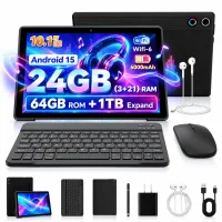 Tableta Android 15, 10.1 Pulgadas, 24GB RAM+64GB ROM, Juego de Teclado y Ratón negro
