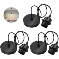 Juego De 3 Lámparas Colgantes E27: Cable De 100 Cm, Portalámparas E27 Con Anillo De Fijación, Cable Textil Ajustable Para El Hogar, Bar O Cafetería - Negro