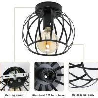Lámpara De Techo Industrial Vintage, Lámpara De Techo Retro Con Diseño De Jaula, Casquillo E27, Lámpara De Techo De Metal Para Cocina, Dormitorio, Recibidor (negra)