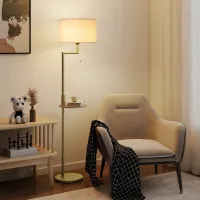 Lámpara De Pie Moderna Con Estante Pantalla De Lino Interruptor De Cadena Y Puerto Usb Ø40x170 Cm Para Salón Dorado
