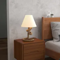 Lámpara De Mesa Led Con Base De Metal Cuerda De Lino Y Pantalla De Tela Max.40w Ø28x45,5 Cm Marrón Y Beige