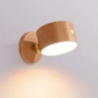 Aplique De Pared De Madera A Pilas, Aplique Led De Interior Con Interruptor Táctil, Batería De 800 Mah, Rotación De 360°, Recargable Y Regulable.