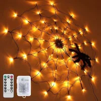 Luces De Telaraña Para Decoración De Halloween, 1 M De Diámetro, 70 Luces Led Naranjas Con Araña Negra, Control Remoto Para Fiestas, Patios, Bares Y Casas Embrujadas.