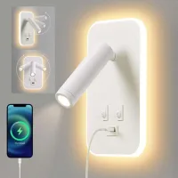 Juego De 2 Apliques Led De Pared, Lámparas De Mesilla Con Interruptor, Puerto De Carga Usb, Iluminación Ambiental Regulable Para Dormitorio (luz Cálida 13w) Blanco