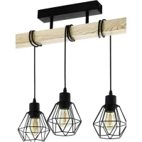 Lámpara De Araña De 3 Luces, Lámpara Colgante De Estilo Industrial Vintage, Luminaria Retro En Acero Negro Y Madera, Casquillo E27.