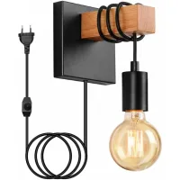 Lámpara De Pared Vintage De Madera Negra, Casquillo E27, Interruptor Giratorio, 16 Cm De Altura. Ideal Para Salón, Dormitorio, Cafetería O Bar.