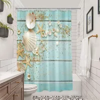 Cortina De Baño De Tela Playera, Cortina De Baño Costera De 183 Cm De Largo Con Ganchos, Con Conchas Marinas, Estrellas De Mar, Juego De Cortina De Baño Azul Cielo, Decoración De Baño