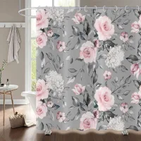 Cortina De Ducha Floral De 180x180cm, Cortina De Ducha Con Flores Rosas Y Grises, Elegantes Rosas Vintage En Acuarela, Cortina De Baño Impermeable Y Lavable De Poliéster Con Ganchos.