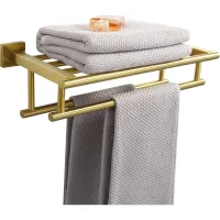 Toallero De Baño De 40 Cm Con Soporte Doble Para Toallas, Montaje En Pared, Acero Inoxidable Sus304, Color Oro Cepillado.