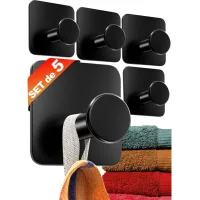 Ganchos Para Toallas, Toallero Sin Taladro, Juego De 5 - Ganchos Modernos Negros Para Toallas De Baño - Gancho Adhesivo De Acero Inoxidable Para Montaje En Pared