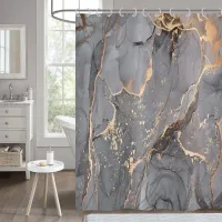 Cortina De Ducha De Mármol Gris 180x200, Cortina De Ducha De Lentejuelas, Cortina De Bañera Impermeable De Lujo Con Diseño Abstracto Moderno Y Efecto Craquelado Dorado, Tejido De Poliéster Lavable, Co