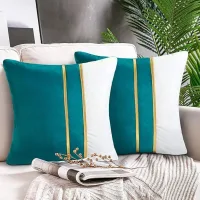 Juego De 2 Fundas De Cojín Modernas De 45x45 Cm En Piel Dorada Y Terciopelo Turquesa. Fundas De Almohada Para Cama, Sofá, Coche, Hogar. Decoración De Lujo Para Salón Y Dormitorio.