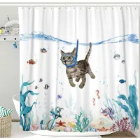 Cortina De Ducha Divertida Con Diseño De Gato, Azul Turquesa, Océano Marino, Cortina De Ducha De Tela Impermeable Para Baño Con Diseño De Animales: Pulpo, Estrella De Mar, Tortuga, Ancla, Pez, Náutico