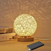 Lámpara De Noche De Ratán, Lámpara De Mesa De Madera Con Pantalla Tejida A Mano, Recargable Por Usb, Lámpara Ambiental De Ratán Y Madera Para Dormitorio, Sala De Estar, Blanca.