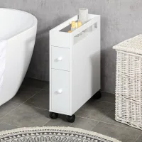 Armario De Baño Con Ruedas, Diseño Estrecho, Dos Cajones, Cuatro Ruedas, Blanco, 16 X 49,5 X 66 Cm