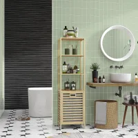 Estantería De Baño Con Cesto De Ropa, 3 Estantes, Estructura De Bambú, 44x33x160cm, Natural