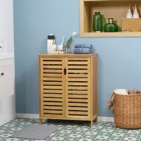 Armario De Baño, Armario De Bambú Con Diseño De Listones Para Baño O Pasillo, Tamaño Compacto, Amplio Espacio De Almacenamiento, Madera Natural.