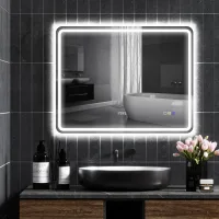 Espejo De Baño Con Iluminación Led, Almohadilla Antivaho, 3 Colores Ajustables, Reloj, 700 X 900 Mm, Color Plata.