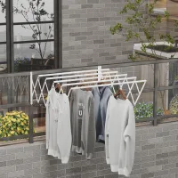 Tendedero De Ropa Mural, Extensible Y Plegable, Que Ahorra Espacio, Para Uso Interior Y Exterior, Blanco, 63,5 X 60 X 20 Cm