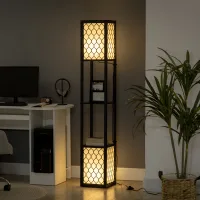 Lámpara De Pie De Diseño Moderno, 2 Estantes, Interruptor De Cadena, 26 Cm X 26 Cm X 156 Cm, Negro + Blanco