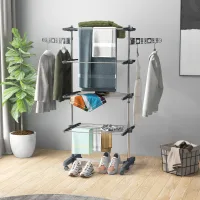 Tendedero De Ropa De 5 Niveles, Plegable, Sistema De Un Clic, 142 Cm X 55 Cm X 172 Cm, Gris + Plata