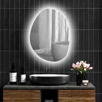 Espejo De Baño Asimétrico De 70 X 50 Cm Con Luz Led, Interruptor Táctil Inteligente, Función Antivaho, Color Plata.