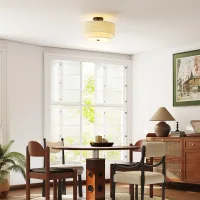 Lámpara De Techo, Lámpara Colgante Con Doble Pantalla En Aspecto De Lino, Color Blanco Crema.