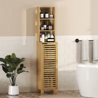 Armario De Baño Estrecho, Armario Alto Con 3 Estantes Abiertos, Estantes Ajustables, Puerta De Lamas, 34 X 30 X 170 Cm, Acabado Natural.