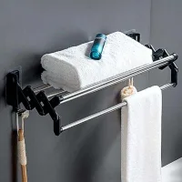 Toallero De Pared Para Baños Sin Taladrar, Plegable, Autoadhesivo, Con 2 Ganchos, Extensible Hasta 40 Cm, Para Baño Y Cocina (40 Cm).