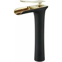 Grifo Monomando Moderno Para Lavabo Con Efecto Cascada, Control De Agua Fría Y Caliente, En Color Negro Y Dorado.