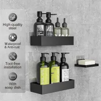 Estante De Ducha Sin Taladrar – Juego De 3 Piezas Con Jabonera, Soporte Para Champú Y Accesorios De Ducha, Color Negro.