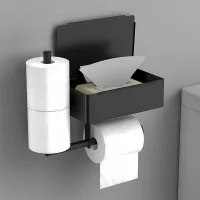 Portarrollos De Papel Higiénico Negro Para Montaje En Pared, Fabricado En Acero Inoxidable, Sin Necesidad De Taladrar, Con 2 Soportes Para Rollos Y Dispensador De Toallitas Húmedas.