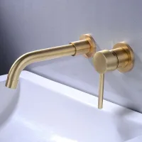 Grifo Mural Para Lavabo, Grifo Mural De Latón De Alta Calidad, Grifo De Baño Empotrado, Grifo De Agua Fría Y Caliente Con Rotación De 360°, Acabado Dorado Cepillado.