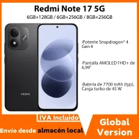 Versión global del Redmi Note 17 5G: batería de 7700 mAh, carga de 45 W, pantalla AMOLED FHD+ de 6,99" con tecnología Eye-care, Snapdragon 4 Gen 4, IP65. Teléfono móvil Xiaomi