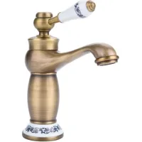 Age Rétro Mitigeur Et De Lavabo Laiton Céramique Évier Et Bleu Et Blanc En Porcelaine À Long Cou Vintage Floral Avec L'Entrée Et D'Eau Froide/chaude Cuisine Salle De Bain(antique)