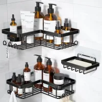 Corner Shower Caddy - Stainless Steel L-shaped Adhesive Bathroom Organizer With Soap Holder - For 90° Corners - Black - 3-pack