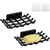 Lot De 2 Porte Savon Mural Sans Perçage Support Savon Auto-adhésif Plastique Salle De Bain Porte-eponge Maison Cuisine (noir)