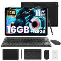 Tablet Octa Core, 16 Gb + 128 Gb, Incluye Lápiz Táctil, Ratón Y Teclado, Hd 1280x800, Android 14, 11'' – Negro