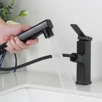 Grifo De Baño Extensible, Grifo De Lavabo De Alta Presión Con Cabezal Rociador Extraíble, Grifo De Baño Con 3 Tipos De Chorro, Grifo Monomando Para Lavabo, Negro.