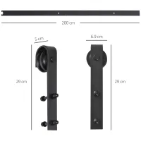 Kit De Accesorios Para Riel De Puerta Corredera De 200 Cm Con Riel Y Rodillos, Tapas De Extremo De Estilo Rústico, Capacidad De Carga De 90 Kg, Acero Al Carbono Negro.