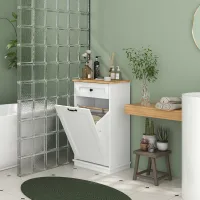 Mueble De Baño Con Cesta Para La Ropa Sucia Y Cajón, Mueble Con Cesta De Madera Para La Ropa Sucia Y Cesta Interior De Tela, Blanco