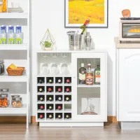 Botellero Con Soporte Para Copas Y Vitrina, Botellero Para 20 Botellas, Bodega Con Puerta De Cristal, 80x36x85 Cm, Blanco